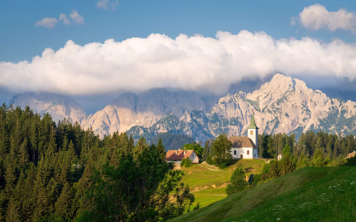Alpine lake and mountains in the Julian Alps, Gorenjska, Slovenia